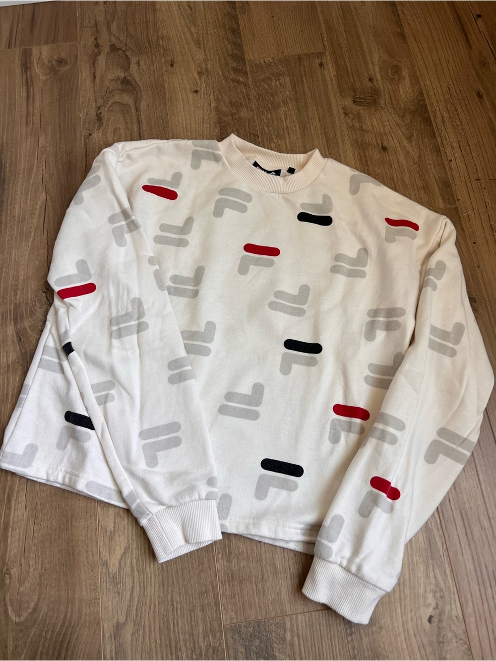 Fila White Crewneck Sweater with Red, Black & Light Gray Logos